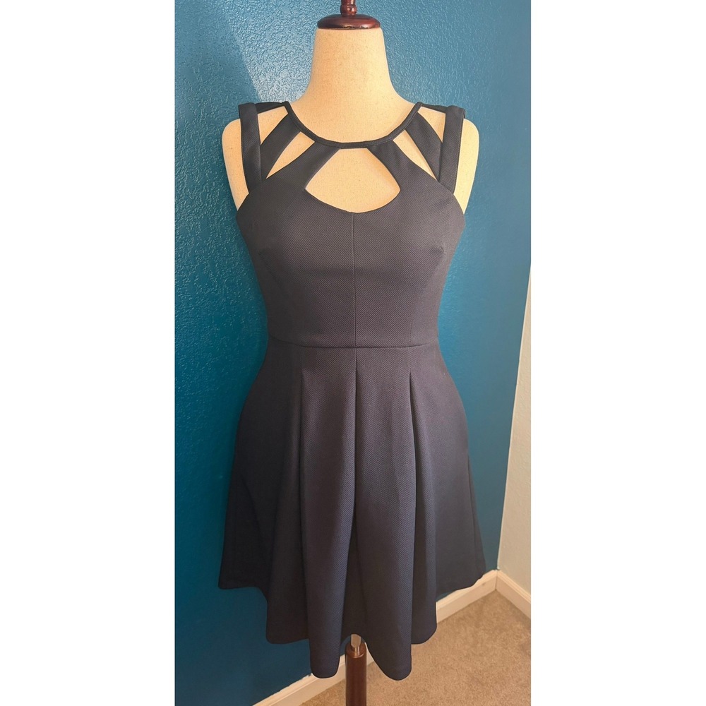 Betsey Johnson Navy Cocktail Dress with Geometric Cutout Straps- Fit & Flare